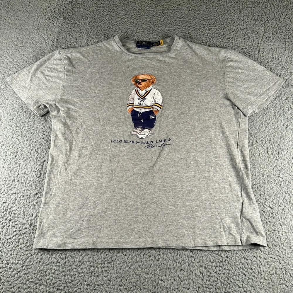 Polo Ralph Lauren Polo Bear T-Shirt Mens M Gray Graphic Tennis Tee Classic Fit